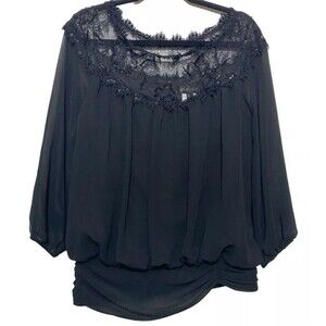 Tadashi Shoji Blouse Women Size 10 Chiffon Lace Sequined Sheer Balloon Sleeve